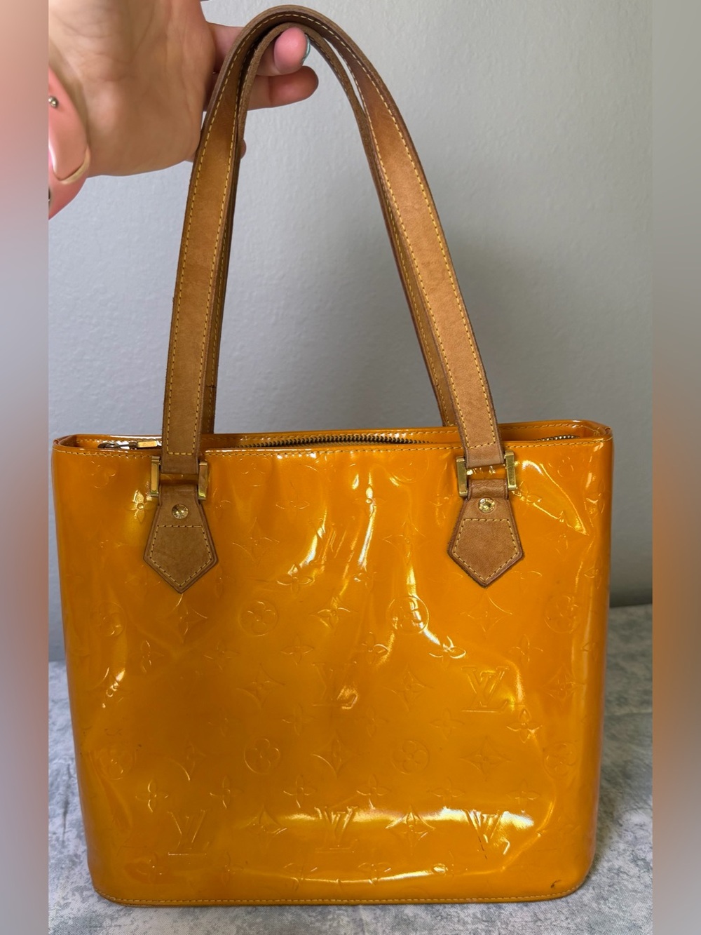 Louis Vuitton Monogram Vernis Houston Tote in a yellow/mango patent leather